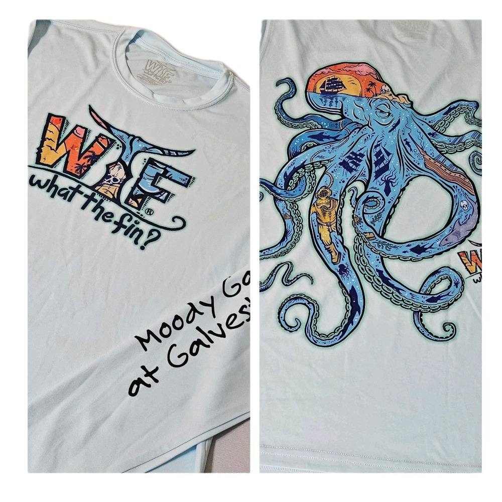 WTF What The Fin Rum Runner T-Shirt Size Small Blue Graphic OBX Tee‎ Surf Surfer